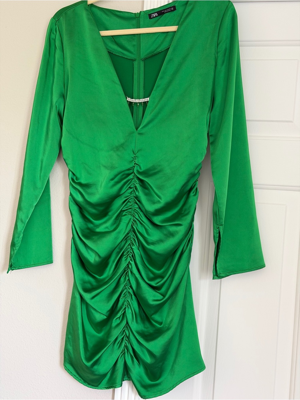 Zara Emerald Green Ruched V-Neck Mini Dress